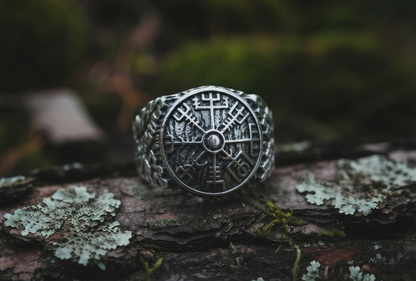 vkngjewelry Ring Handcrafted Vegvisir Symbol Oak Style Sterling Silver Ring