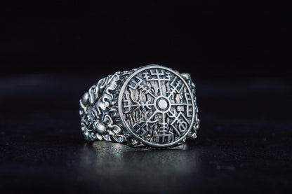 vkngjewelry Ring Handcrafted Vegvisir Symbol Oak Style Sterling Silver Ring