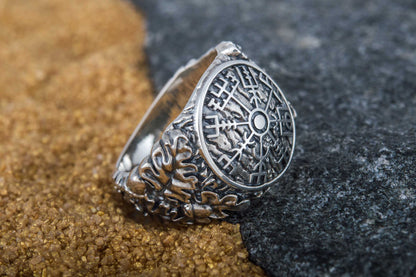 vkngjewelry Ring Handcrafted Vegvisir Symbol Oak Style Sterling Silver Ring