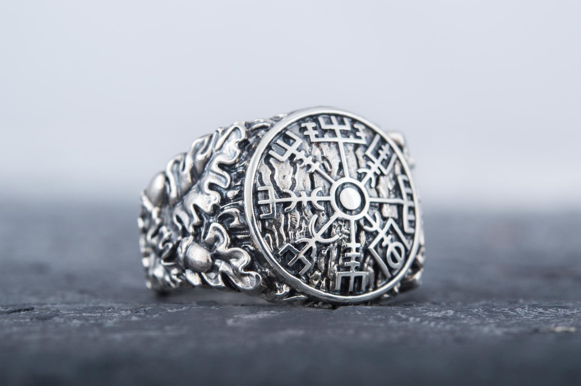 vkngjewelry Ring Handcrafted Vegvisir Symbol Oak Style Sterling Silver Ring