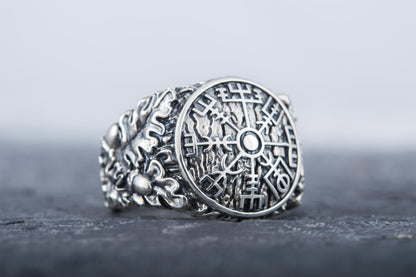 vkngjewelry Ring Handcrafted Vegvisir Symbol Oak Style Sterling Silver Ring