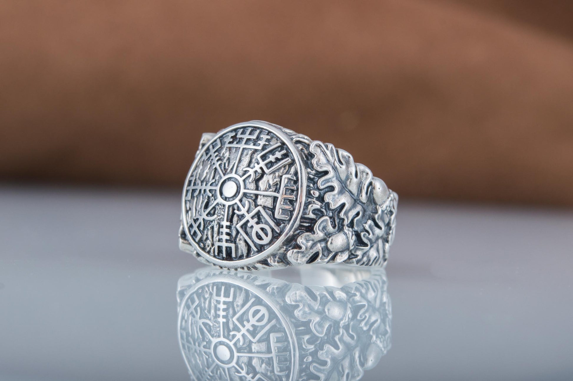 vkngjewelry Ring Handcrafted Vegvisir Symbol Oak Style Sterling Silver Ring