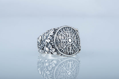 vkngjewelry Ring Handcrafted Vegvisir Symbol Oak Style Sterling Silver Ring