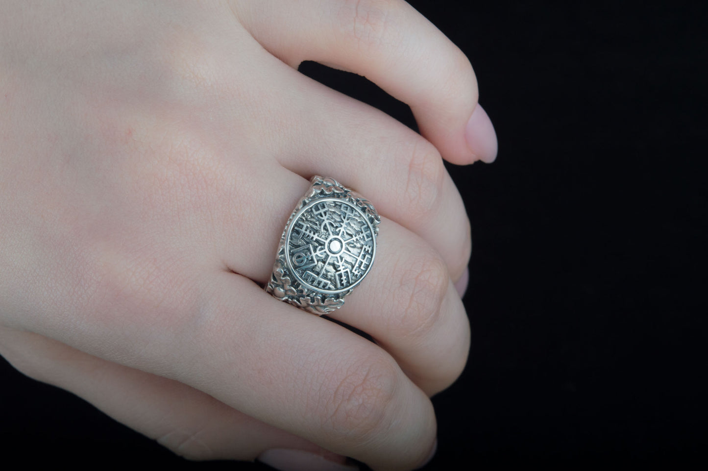 vkngjewelry Ring Handcrafted Vegvisir Symbol Oak Style Sterling Silver Ring