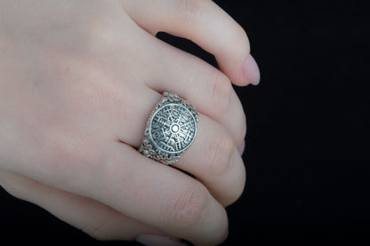 vkngjewelry Ring Handcrafted Vegvisir Symbol Oak Style Sterling Silver Ring