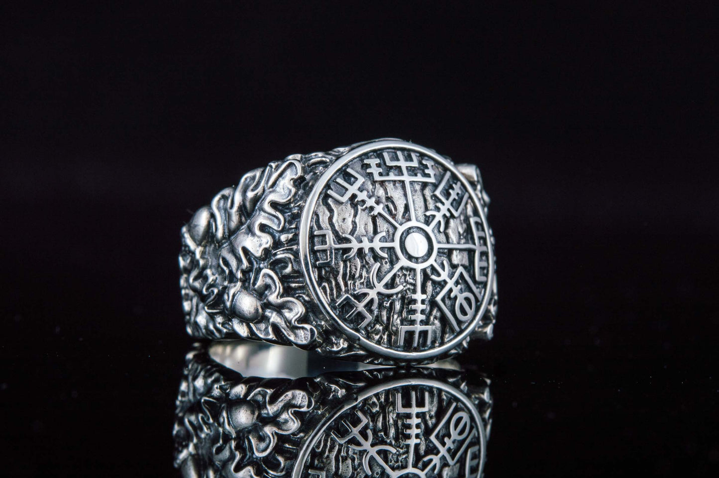 vkngjewelry Ring Handcrafted Vegvisir Symbol Oak Style Sterling Silver Ring