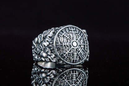 vkngjewelry Ring Handcrafted Vegvisir Symbol Oak Style Sterling Silver Ring