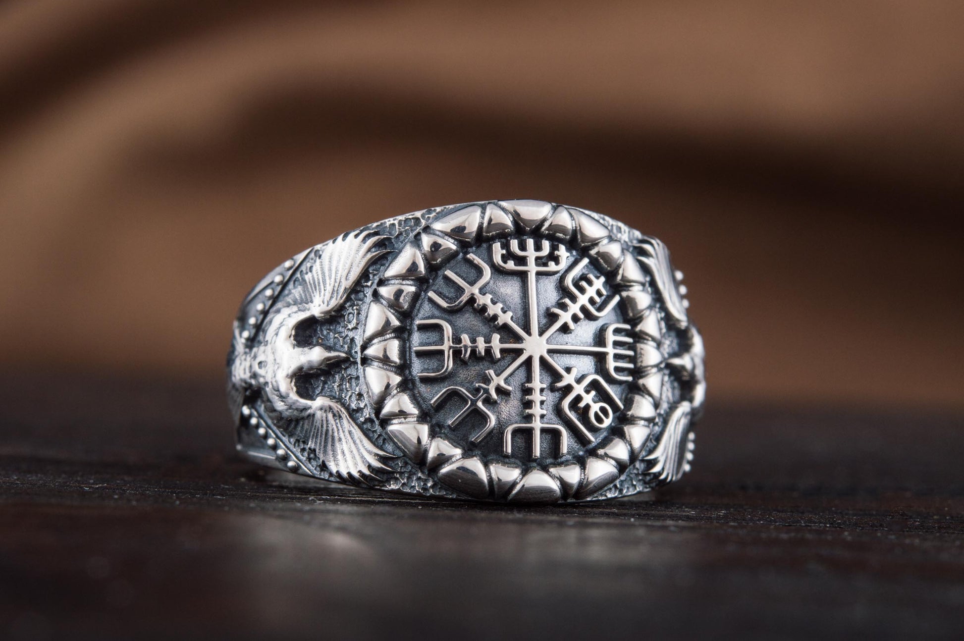 vkngjewelry Ring Handcrafted Vegvisir Symbol Raven Style Silver Ring