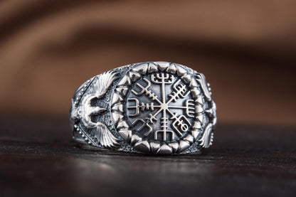 vkngjewelry Ring Handcrafted Vegvisir Symbol Raven Style Silver Ring