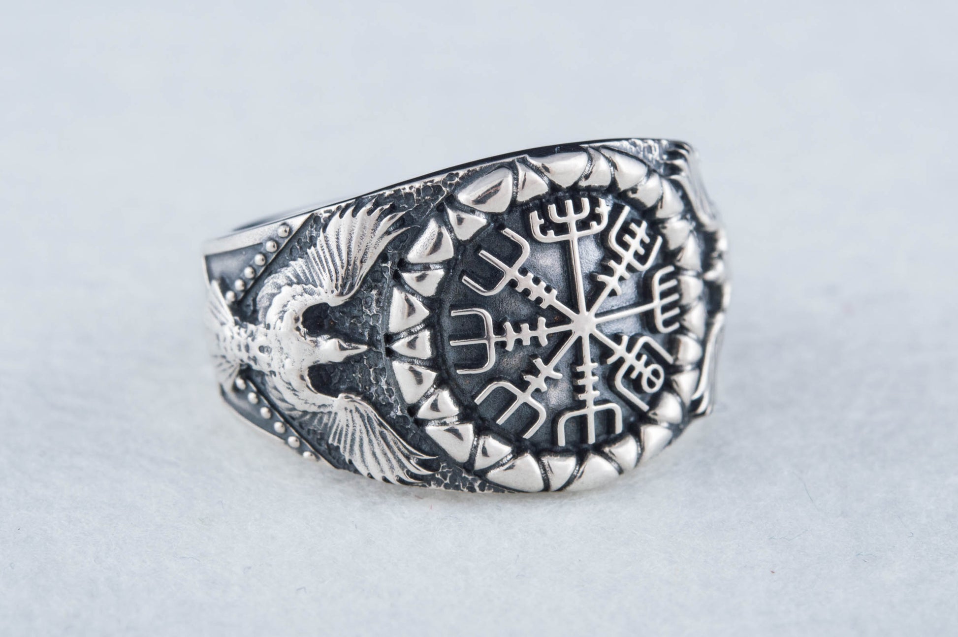 vkngjewelry Ring Handcrafted Vegvisir Symbol Raven Style Silver Ring