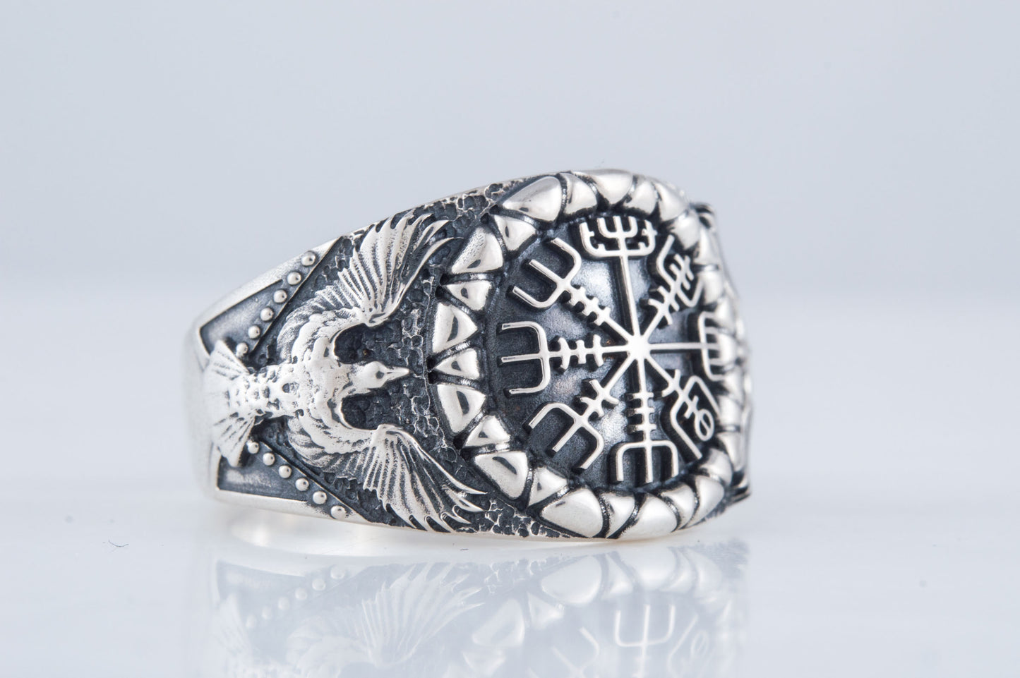 vkngjewelry Ring Handcrafted Vegvisir Symbol Raven Style Silver Ring