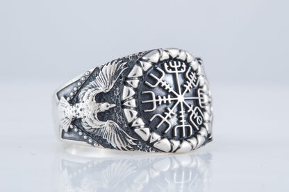 vkngjewelry Ring Handcrafted Vegvisir Symbol Raven Style Silver Ring