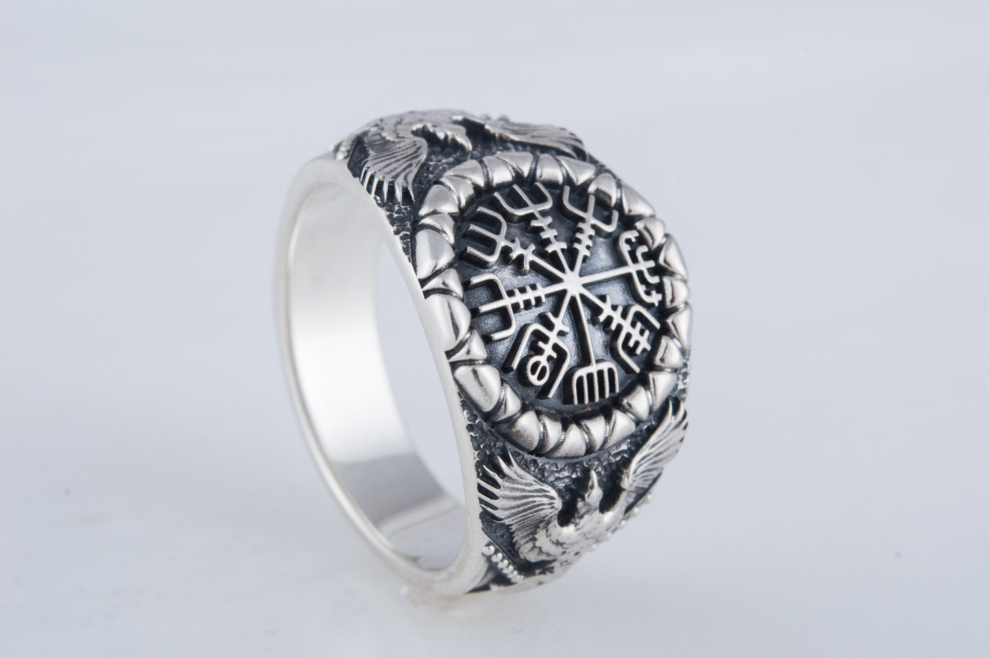 vkngjewelry Ring Handcrafted Vegvisir Symbol Raven Style Silver Ring