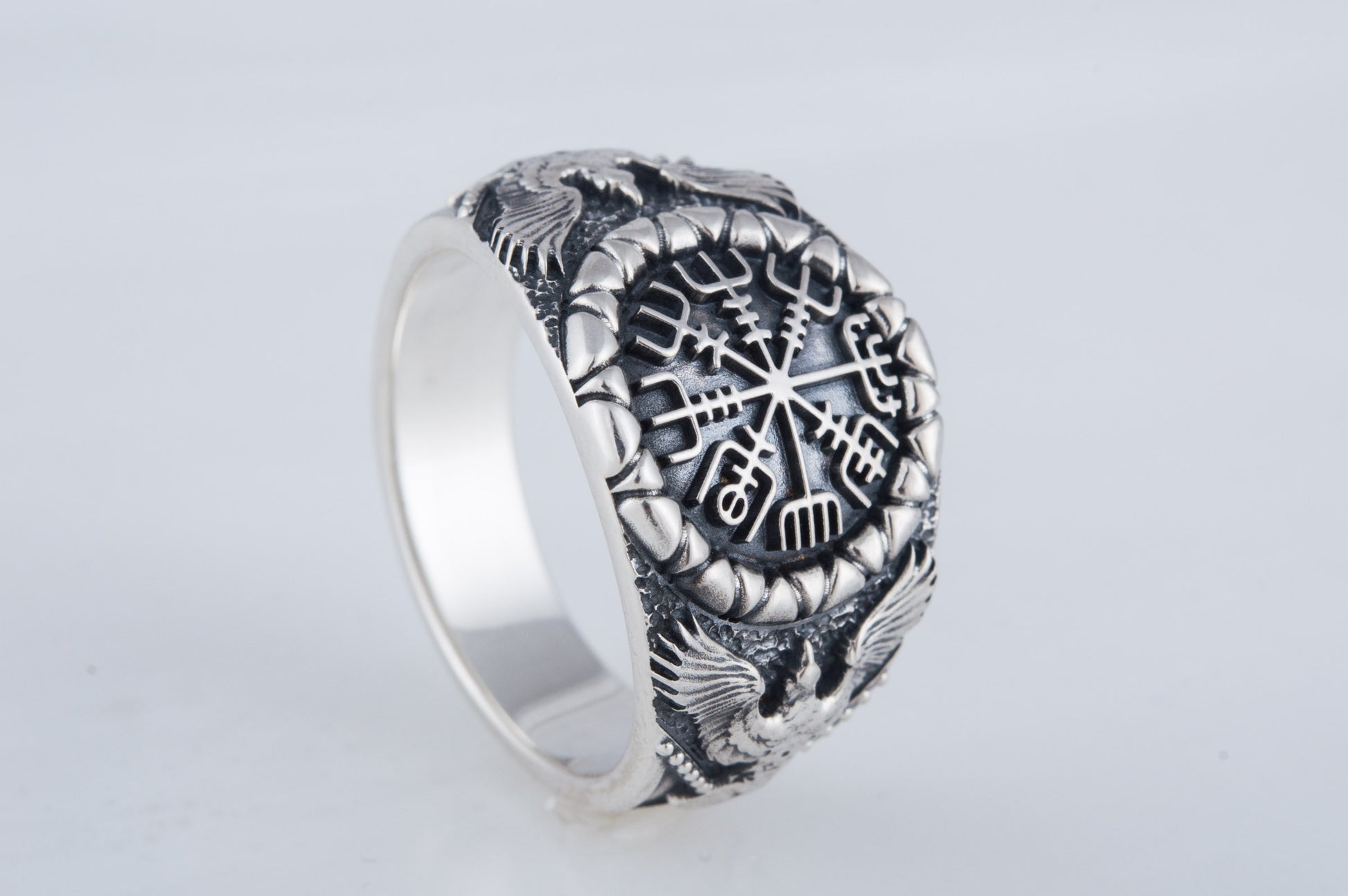 vkngjewelry Ring Handcrafted Vegvisir Symbol Raven Style Silver Ring