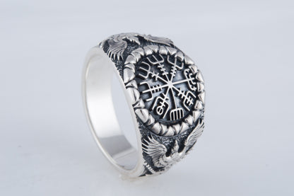vkngjewelry Ring Handcrafted Vegvisir Symbol Raven Style Silver Ring