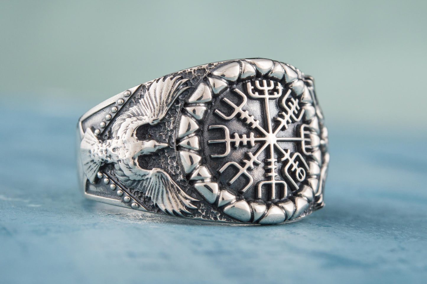 vkngjewelry Ring Handcrafted Vegvisir Symbol Raven Style Silver Ring