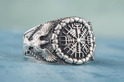 vkngjewelry Ring Handcrafted Vegvisir Symbol Raven Style Silver Ring
