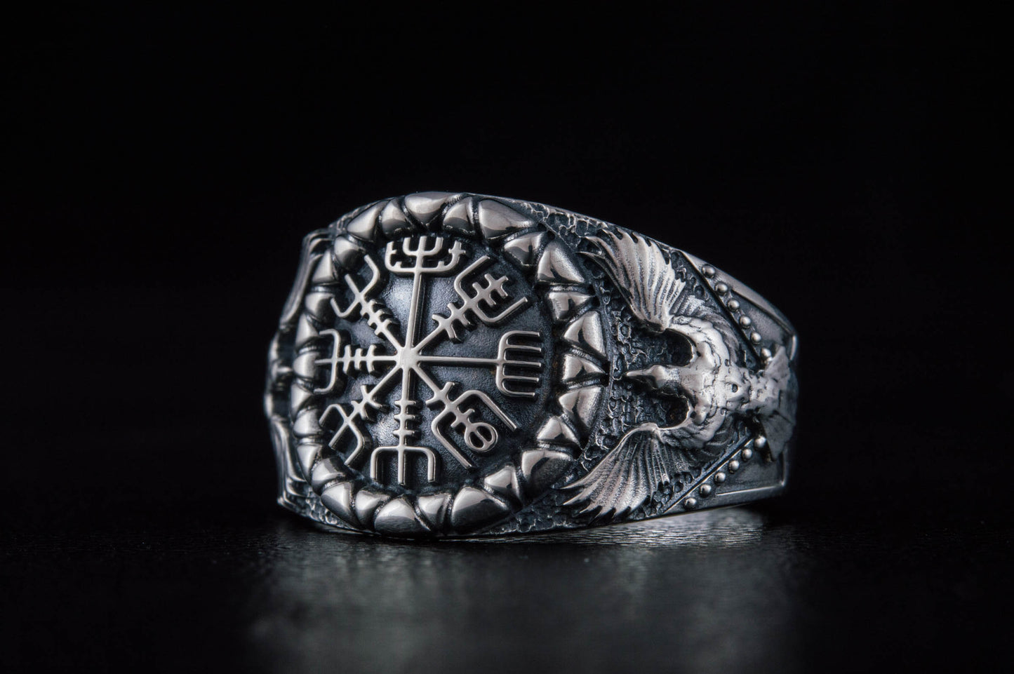 vkngjewelry Ring Handcrafted Vegvisir Symbol Raven Style Silver Ring