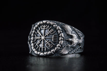 vkngjewelry Ring Handcrafted Vegvisir Symbol Raven Style Silver Ring