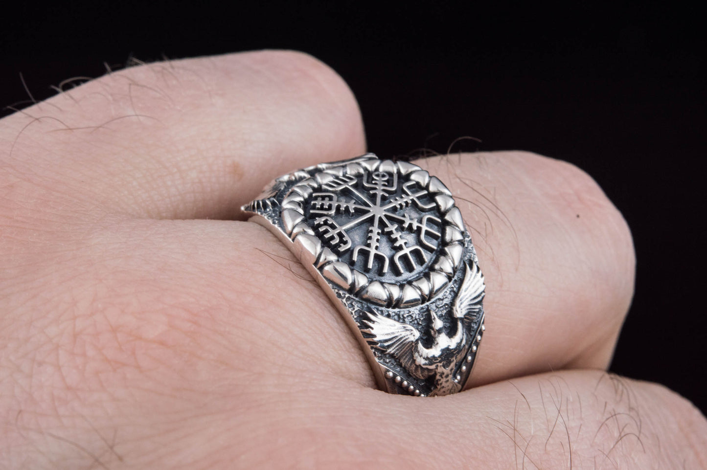 vkngjewelry Ring Handcrafted Vegvisir Symbol Raven Style Silver Ring