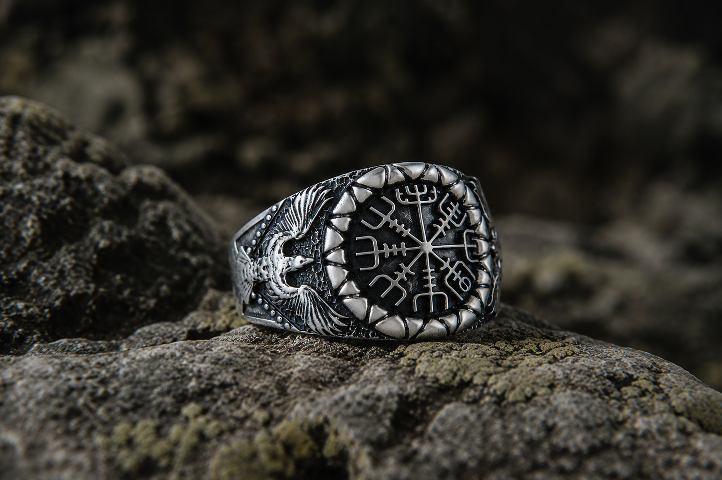 vkngjewelry Ring Handcrafted Vegvisir Symbol Raven Style Silver Ring