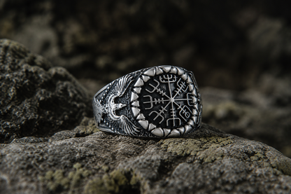 vkngjewelry Ring Handcrafted Vegvisir Symbol Raven Style Silver Ring