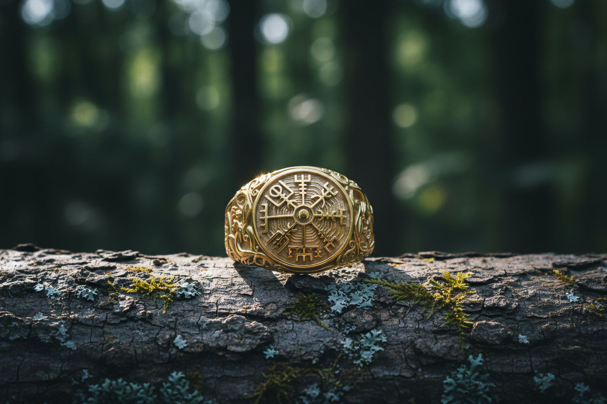 vkngjewelry Ring Handcrafted Vegvisir Symbol with Urnes Style Gold Ring