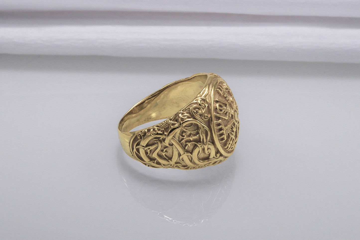 vkngjewelry Ring Handcrafted Vegvisir Symbol with Urnes Style Gold Ring