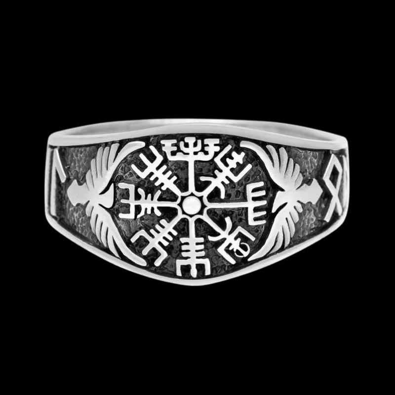 vkngjewelry Bagues Vegvisir With Raven And Runes Ring 925 Sterling Silver