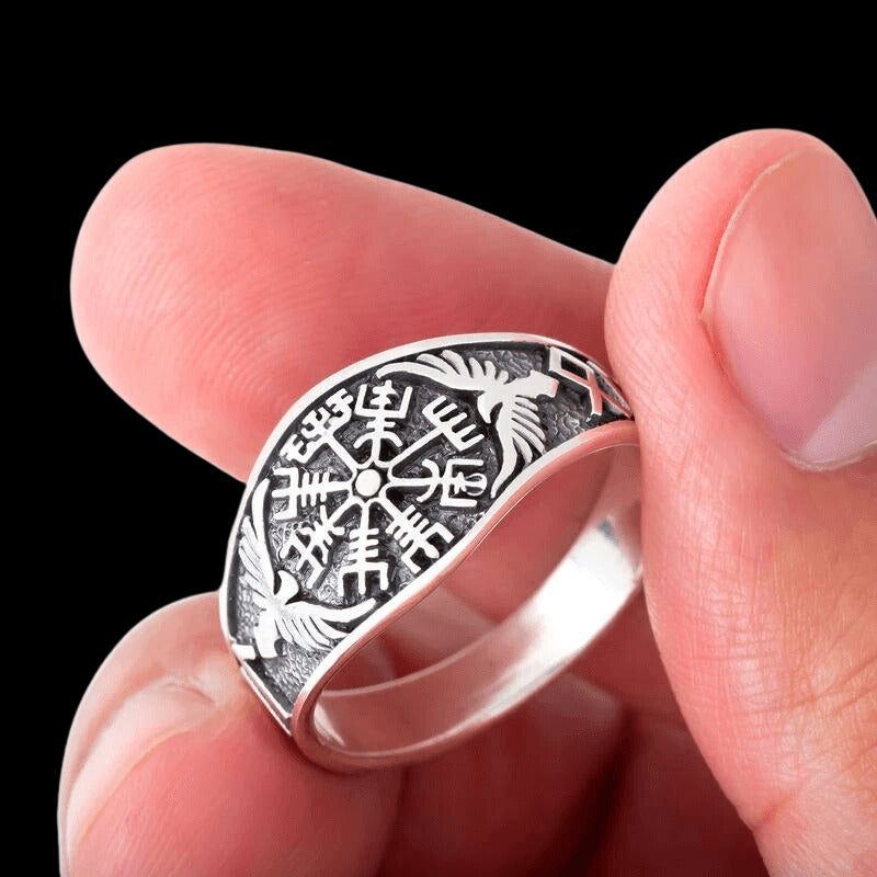 vkngjewelry Bagues Vegvisir With Raven And Runes Ring 925 Sterling Silver