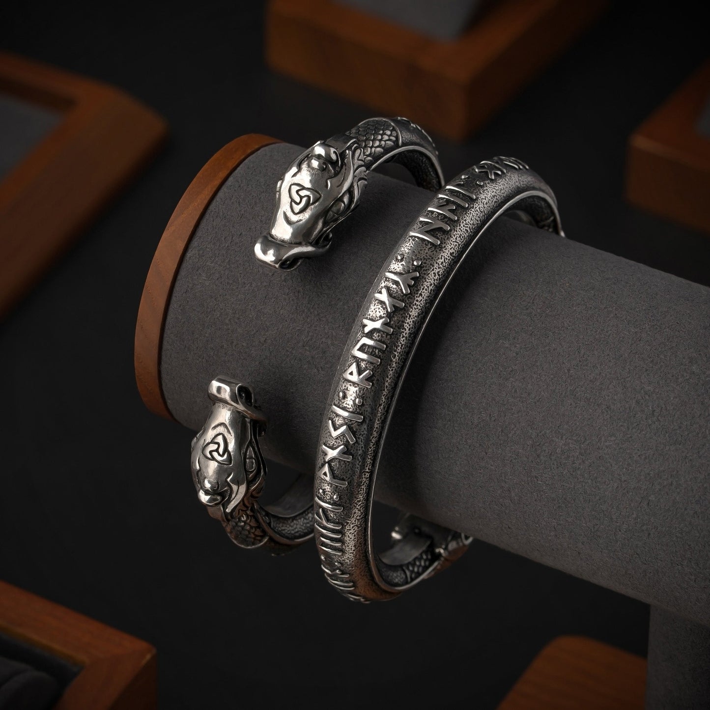 vkngjewelry Bracelet Handcrafted Viking Armring with Dragon's Head and Runic Inscription