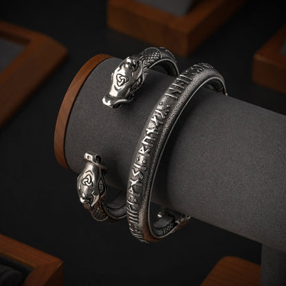 vkngjewelry Bracelet Handcrafted Viking Armring with Dragon's Head and Runic Inscription