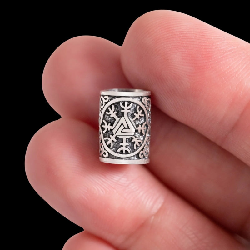 vkngjewelry Beads 925 Sterling Silver Viking Beard Hair Bead With Helm of Awe And Valknut