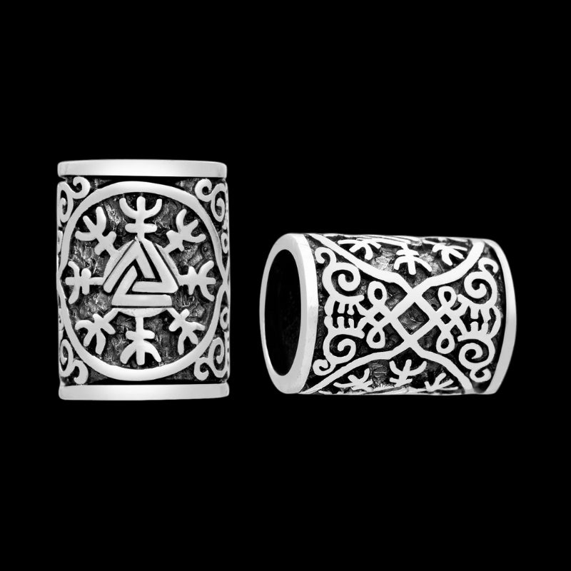 vkngjewelry Beads 925 Sterling Silver Viking Beard Hair Bead With Helm of Awe And Valknut