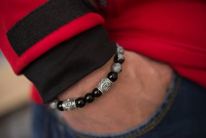 vkngjewelry Bracelet Viking Bracelet In Black Agate And Grey Obsidian With Double Rune Beads