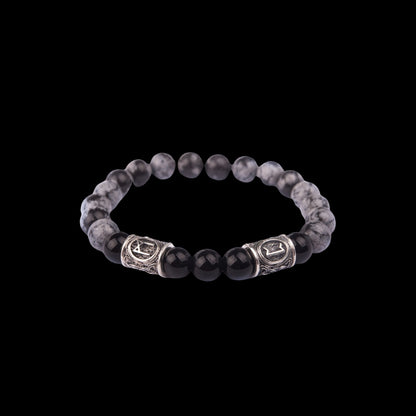 vkngjewelry Bracelet Viking Bracelet In Black Agate And Grey Obsidian With Double Rune Beads