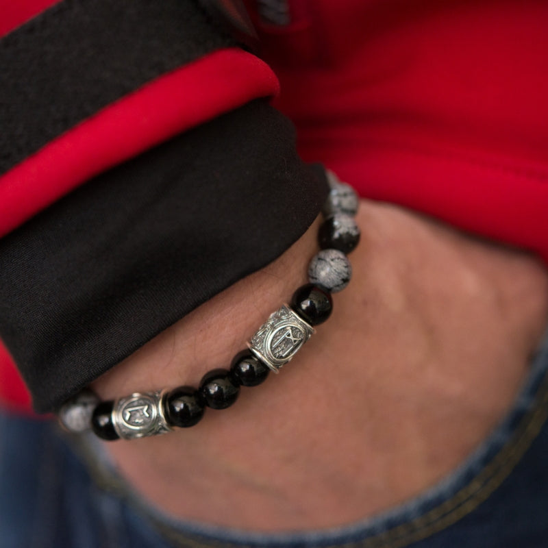 vkngjewelry Bracelet Viking Bracelet In Black Agate And Grey Obsidian With Double Rune Beads