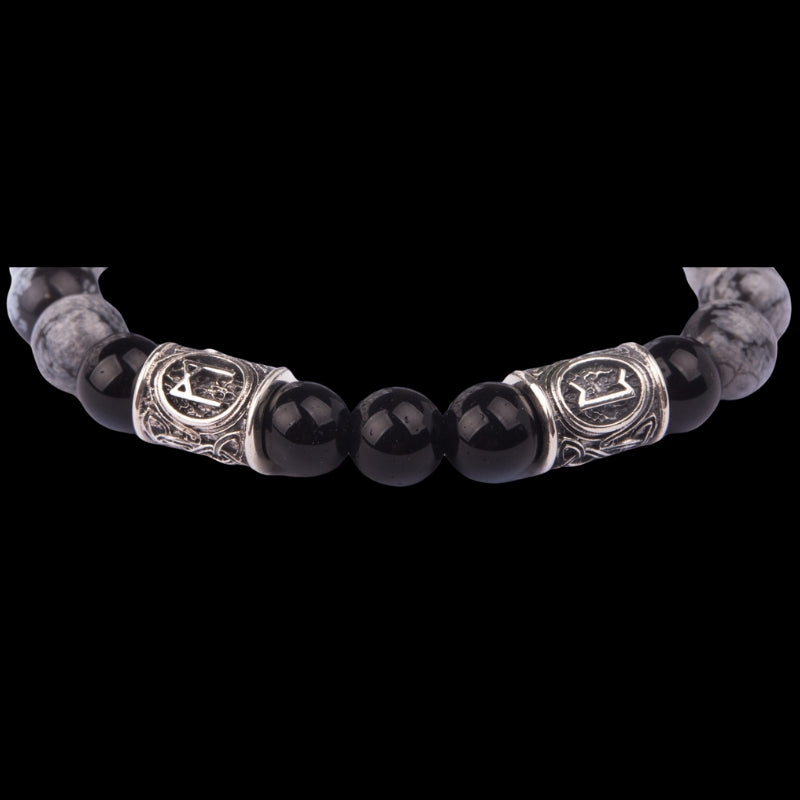 vkngjewelry Bracelet Viking Bracelet In Black Agate And Grey Obsidian With Double Rune Beads