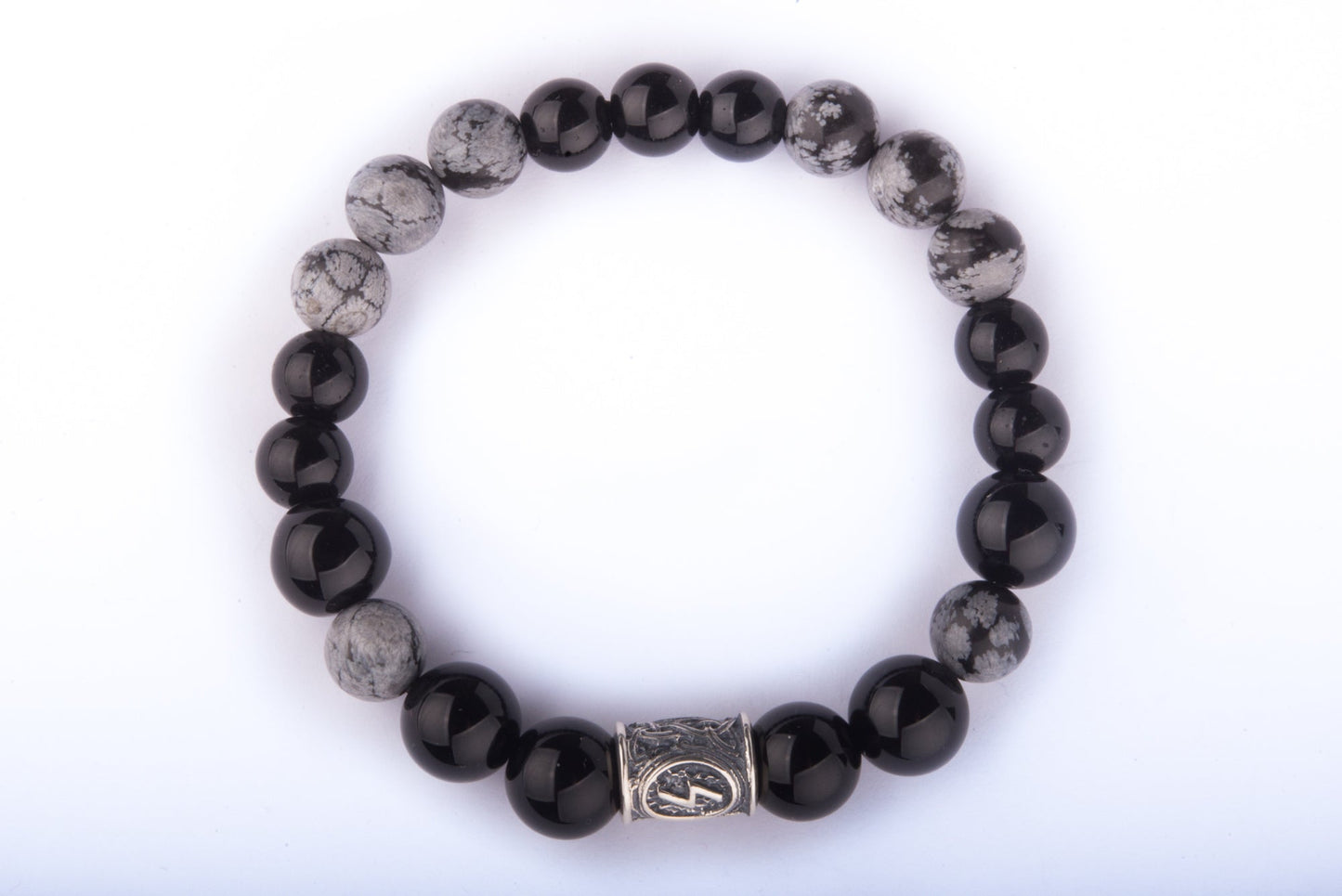 vkngjewelry Bracelet Viking Bracelet In Black Agate and Grey Obsidian With Rune Bead