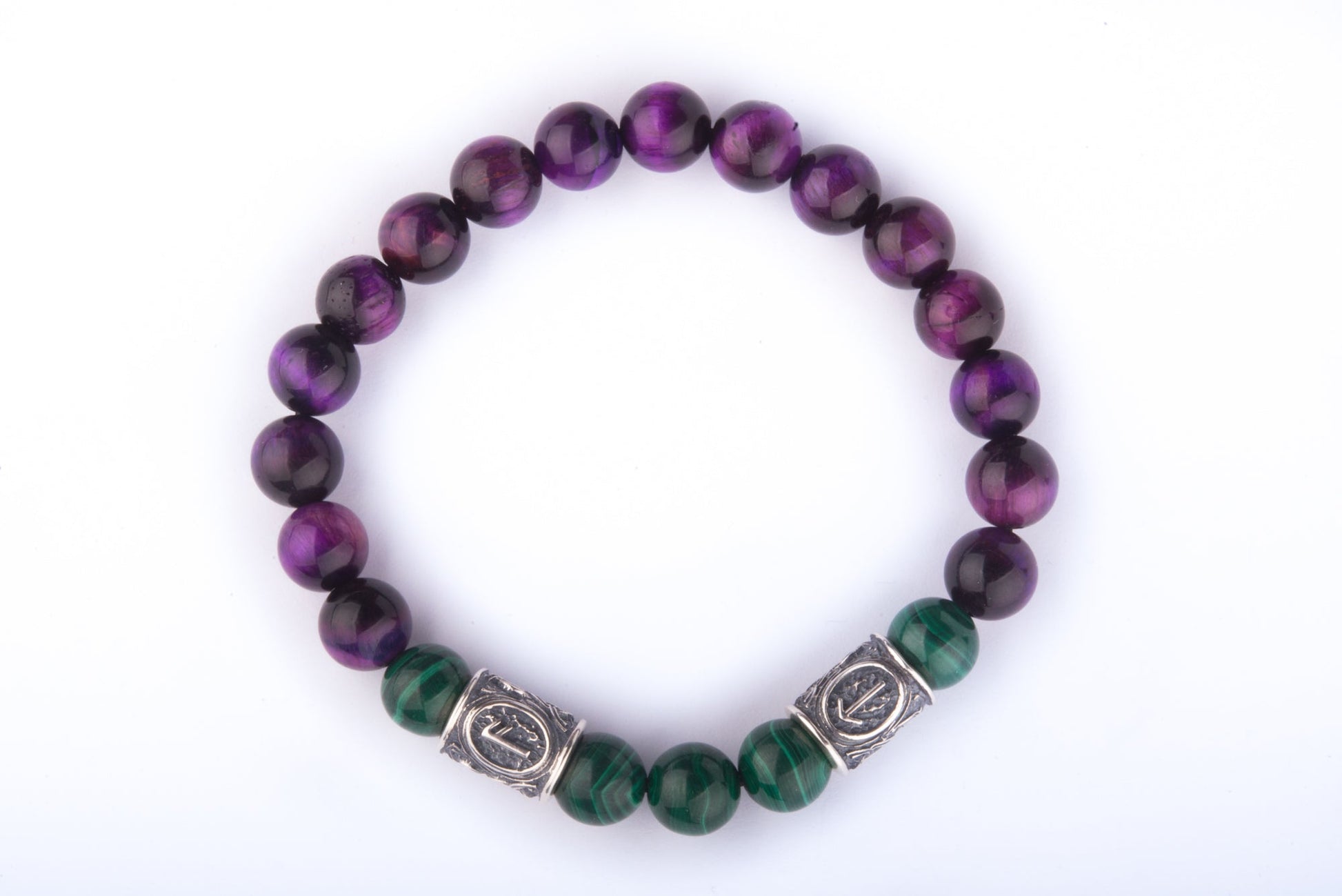 vkngjewelry Bracelet Viking Bracelet In Malachite And Purple Cat’s Eye with Double Rune Beads