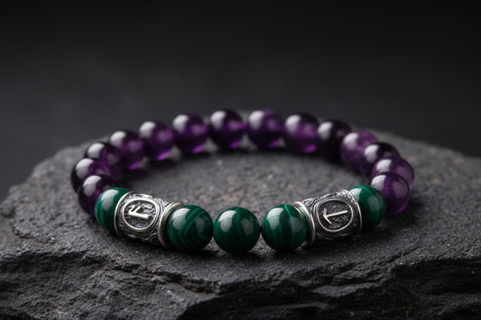 vkngjewelry Bracelet Viking Bracelet In Malachite And Purple Cat’s Eye with Double Rune Beads