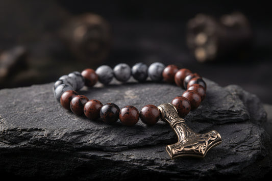 vkngjewelry Bracelet Viking Bracelet In  Obsidian With Bronze Mjolnir