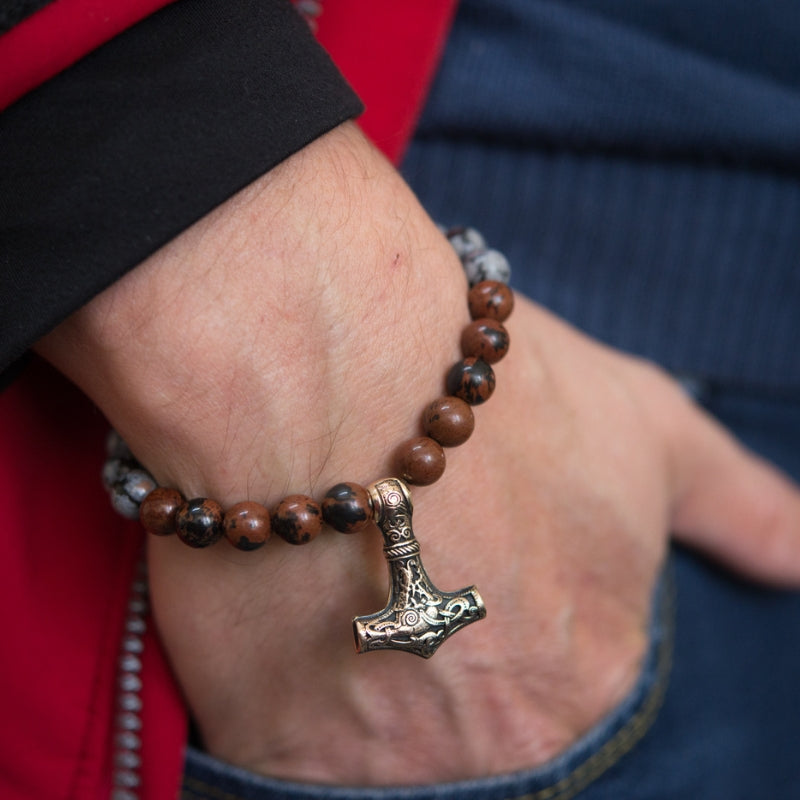 vkngjewelry Bracelet Viking Bracelet In  Obsidian With Bronze Mjolnir