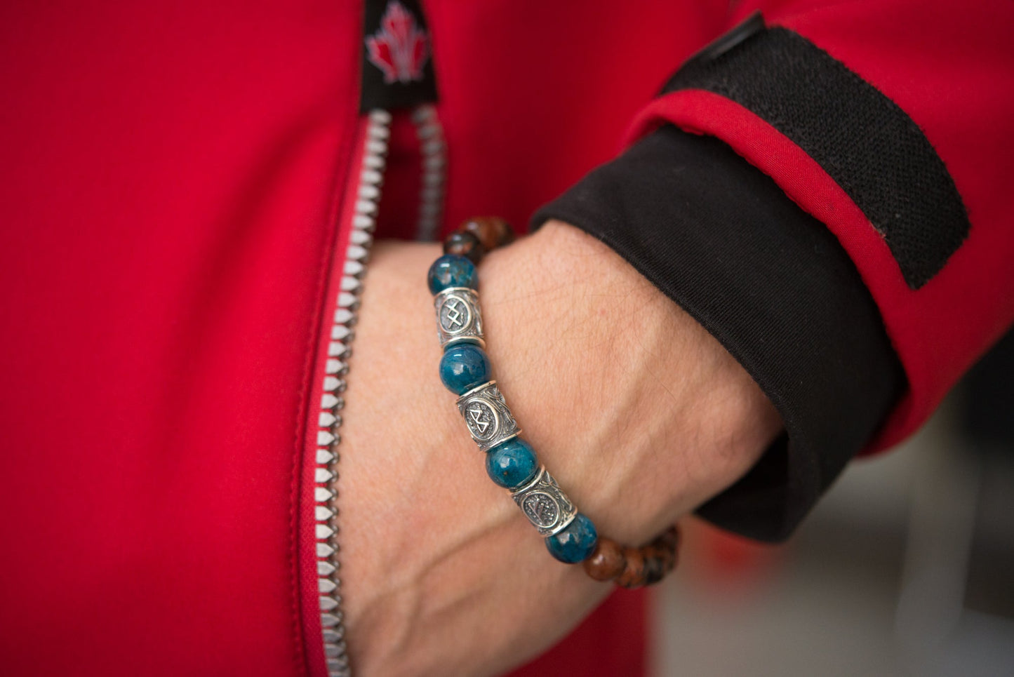 vkngjewelry Bracelet Viking Bracelet with Apatite and Red Obsidian And Runes