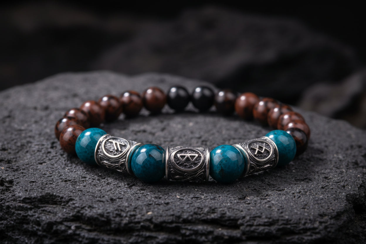 vkngjewelry Bracelet Viking Bracelet with Apatite and Red Obsidian And Runes