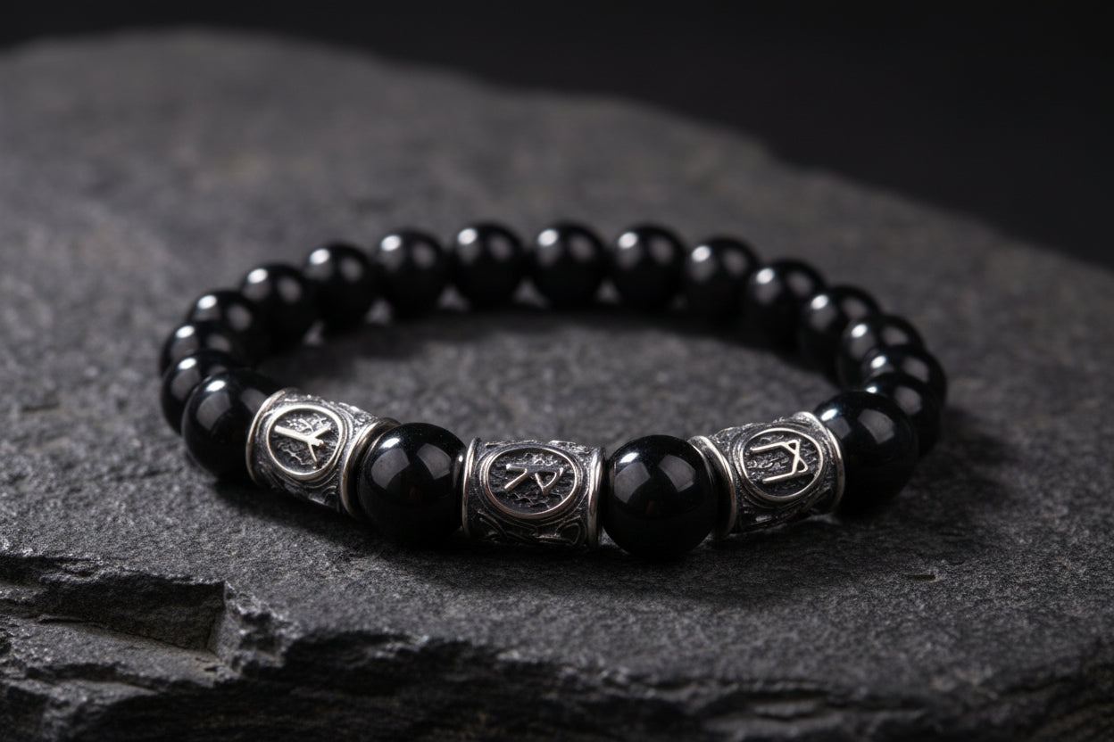 vkngjewelry Bracelet Viking Bracelet with Black Obsidian and Agate, Engraved with Ancient Runes
