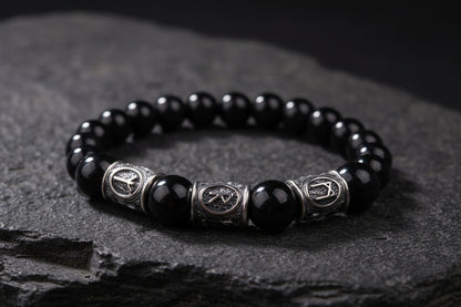 vkngjewelry Bracelet Viking Bracelet with Black Obsidian and Agate, Engraved with Ancient Runes