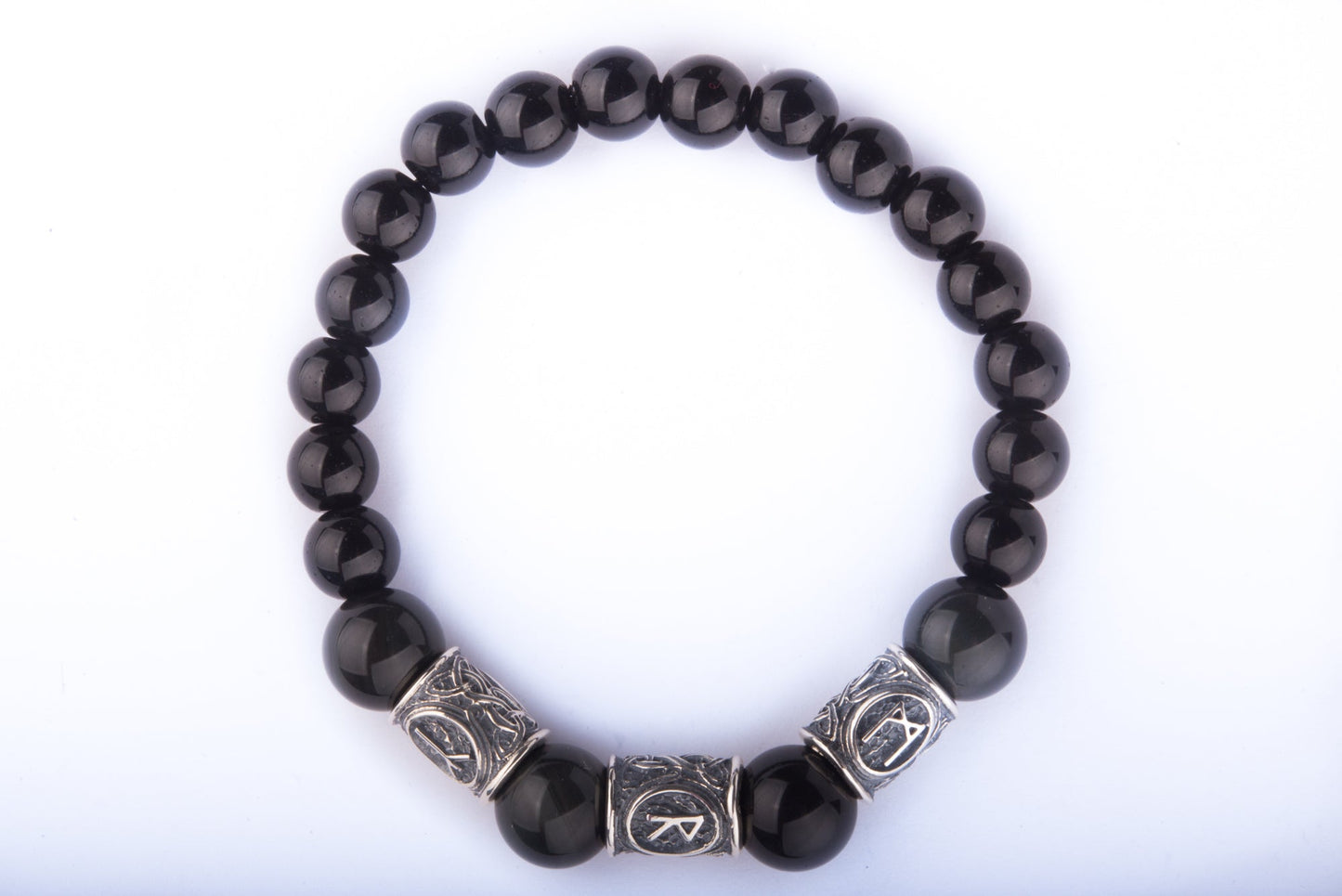 vkngjewelry Bracelet Viking Bracelet with Black Obsidian and Agate, Engraved with Ancient Runes