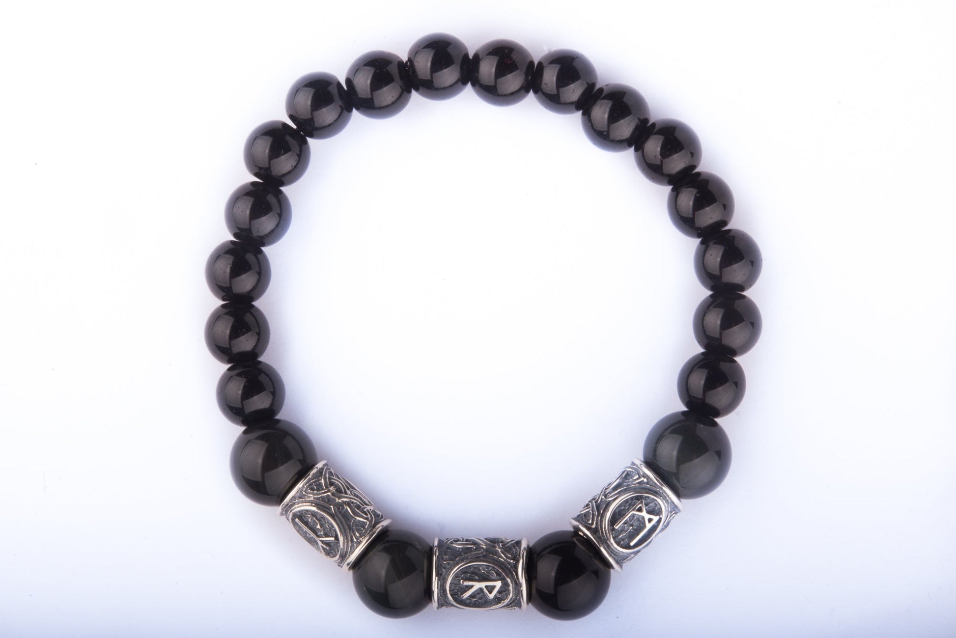 vkngjewelry Bracelet Viking Bracelet with Black Obsidian and Agate, Engraved with Ancient Runes