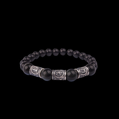 vkngjewelry Bracelet Viking Bracelet with Black Obsidian and Agate, Engraved with Ancient Runes